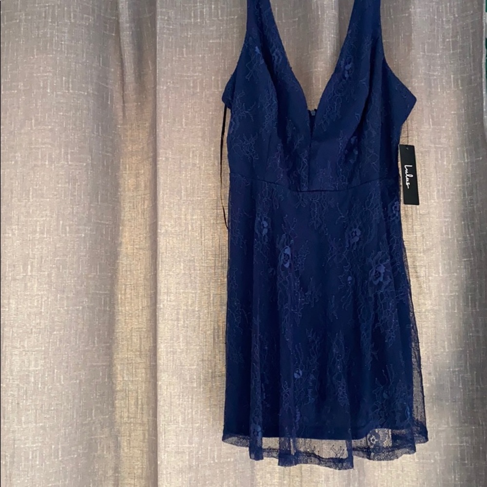 Blue lace low cut dress